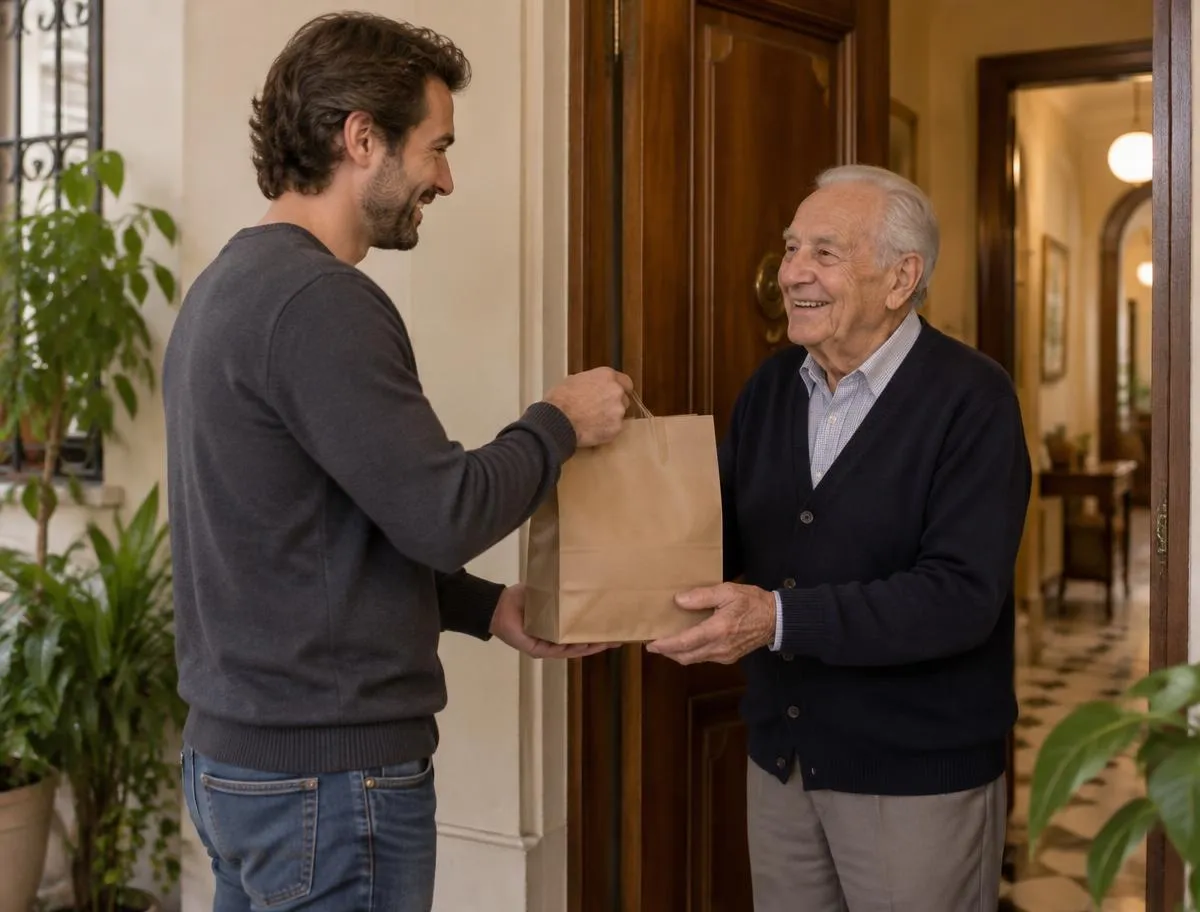 Un integrante de Iticus entrega una bolsa con la compra de la farmacia a un hombre mayor en la puerta de su casa